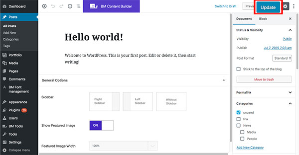 Update button of WordPress block editor