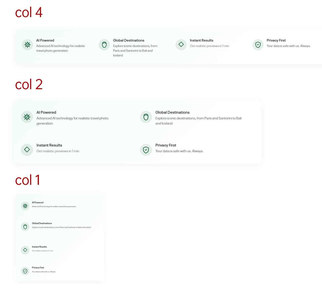 Auto mode example showing 4-column, 2-column, and 1-column responsive layouts