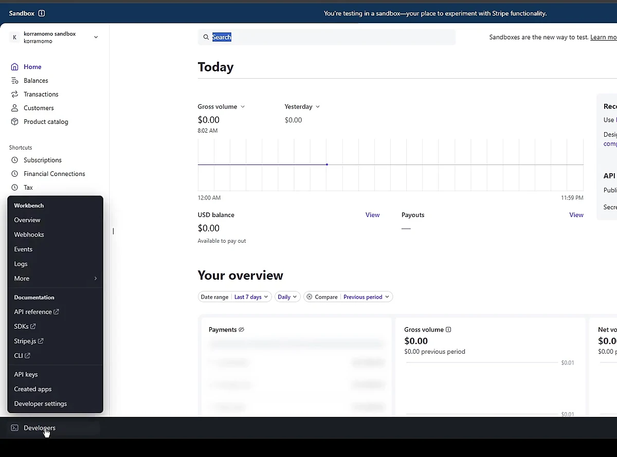 Open Developers and choose Webhooks in the Stripe Dashboard at 41 seconds in the video