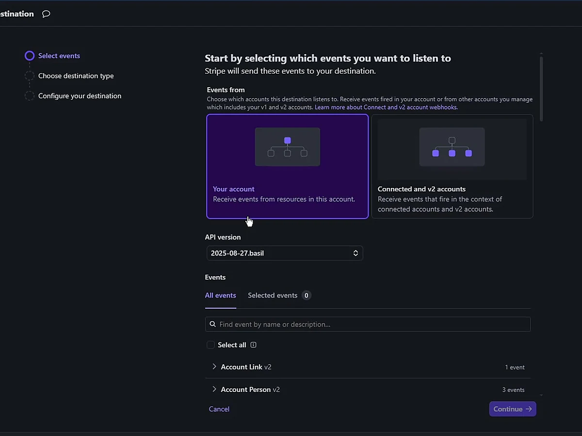 Select events from your Stripe account when creating the webhook endpoint