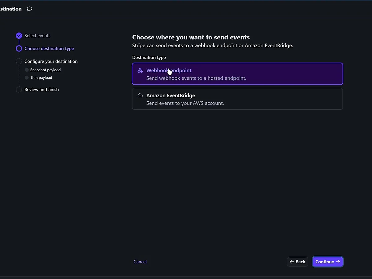 Choose Webhook endpoint as the Stripe destination type