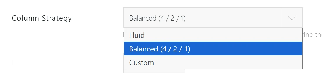 Column Strategy dropdown showing Fluid, Balanced, and Custom options