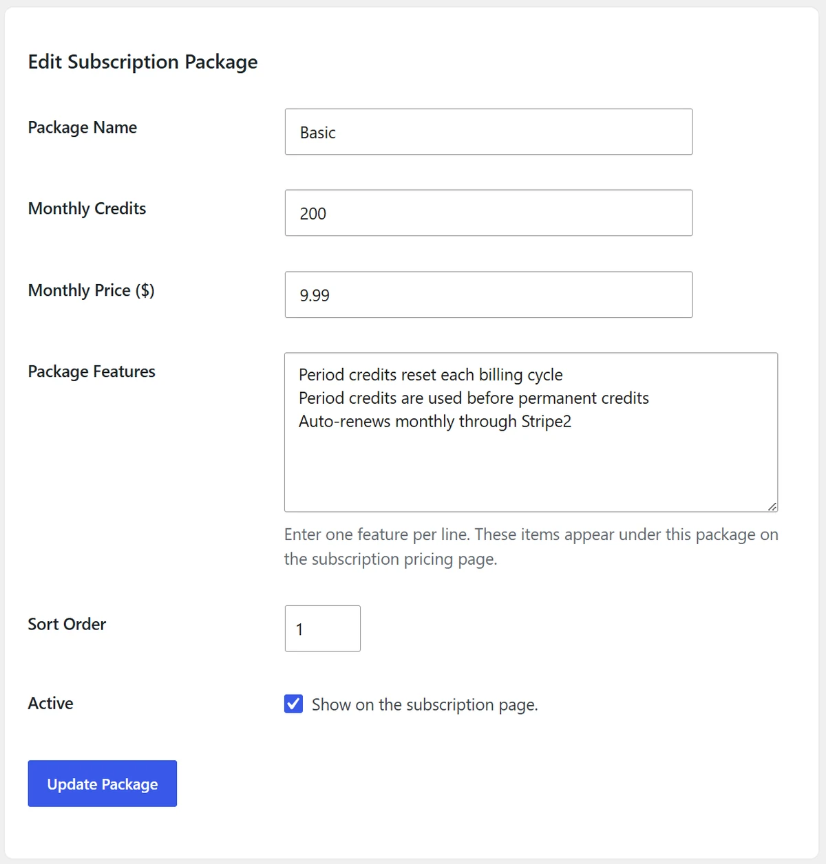 Edit Subscription Package form