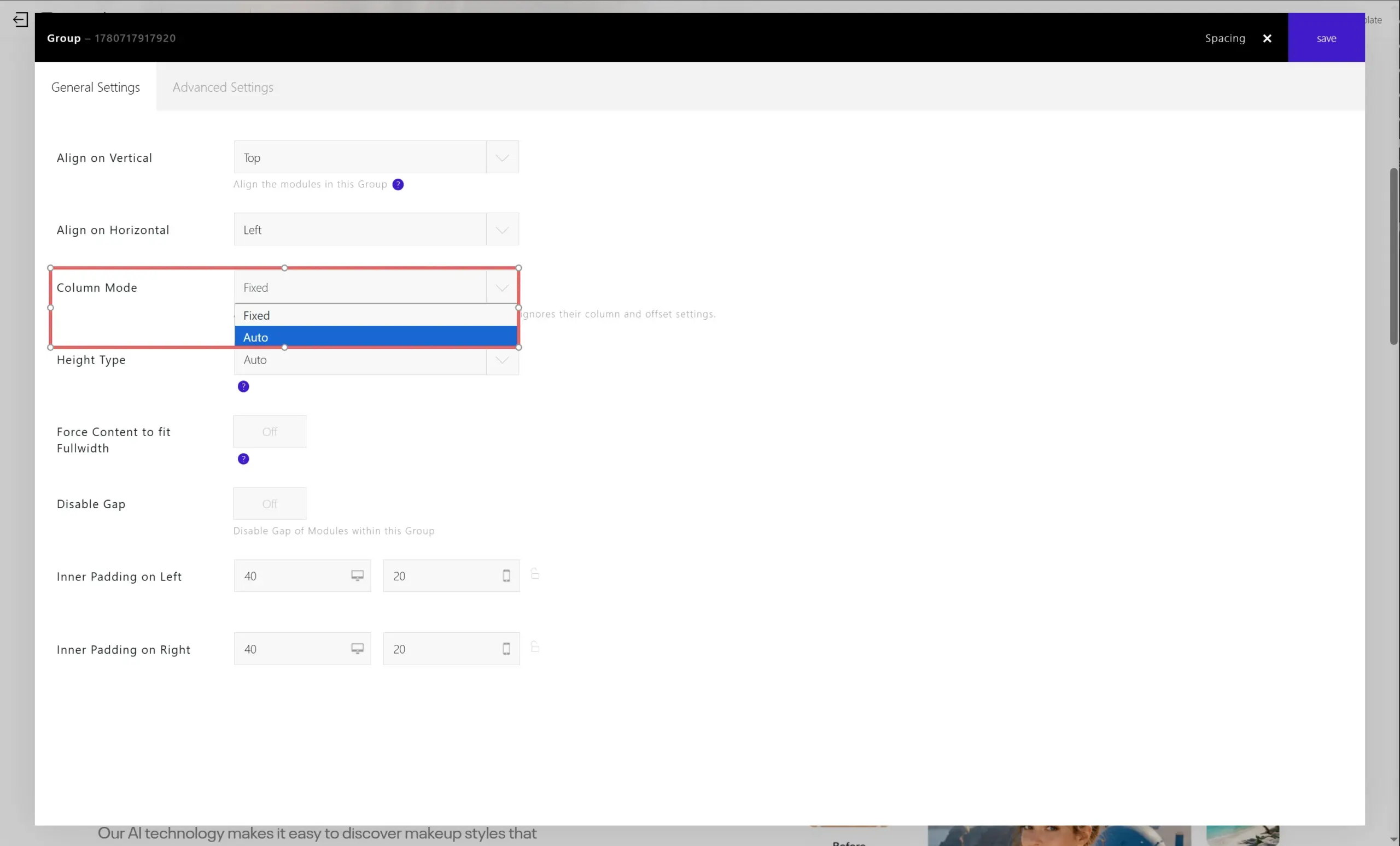 Column Mode dropdown in the Group module settings showing Fixed and Auto options