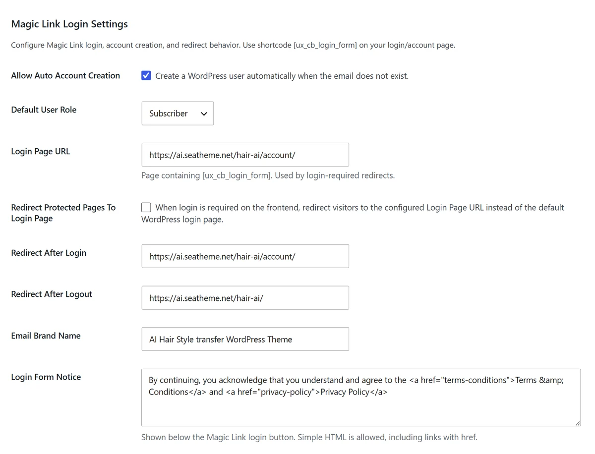 Magic Link Login Settings overview