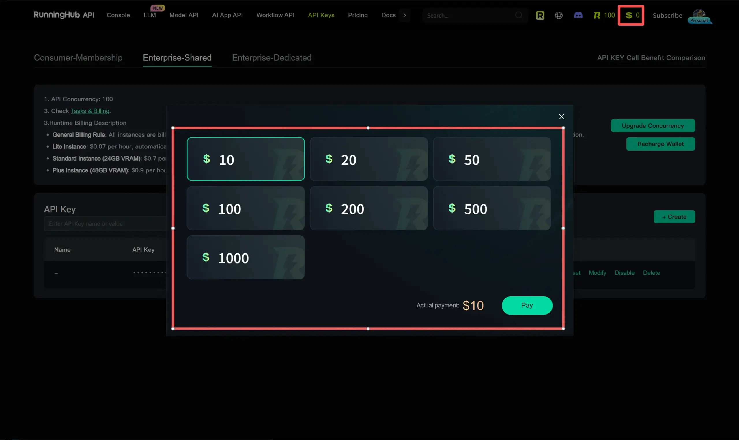 RunningHub wallet recharge options