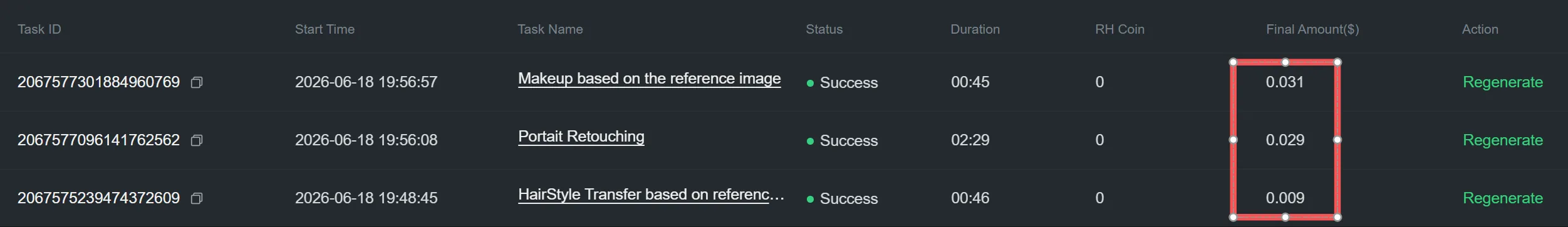 RunningHub task billing reference
