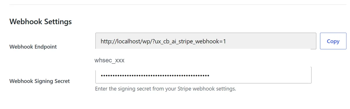 Webhook Endpoint and Webhook Signing Secret settings