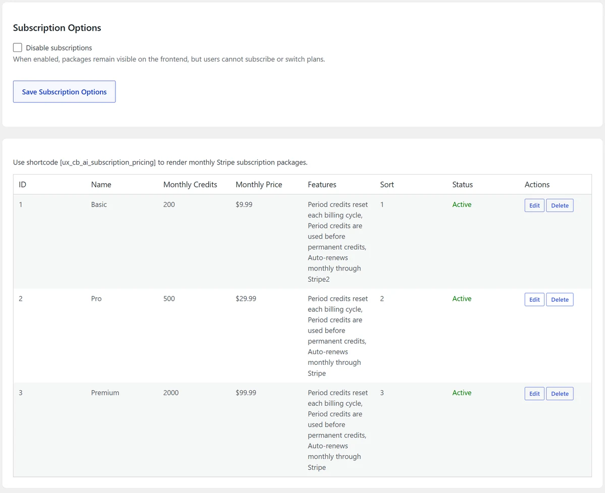 Full AI Subscriptions settings page
