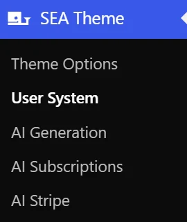 WordPress Admin sidebar with the User System menu selected