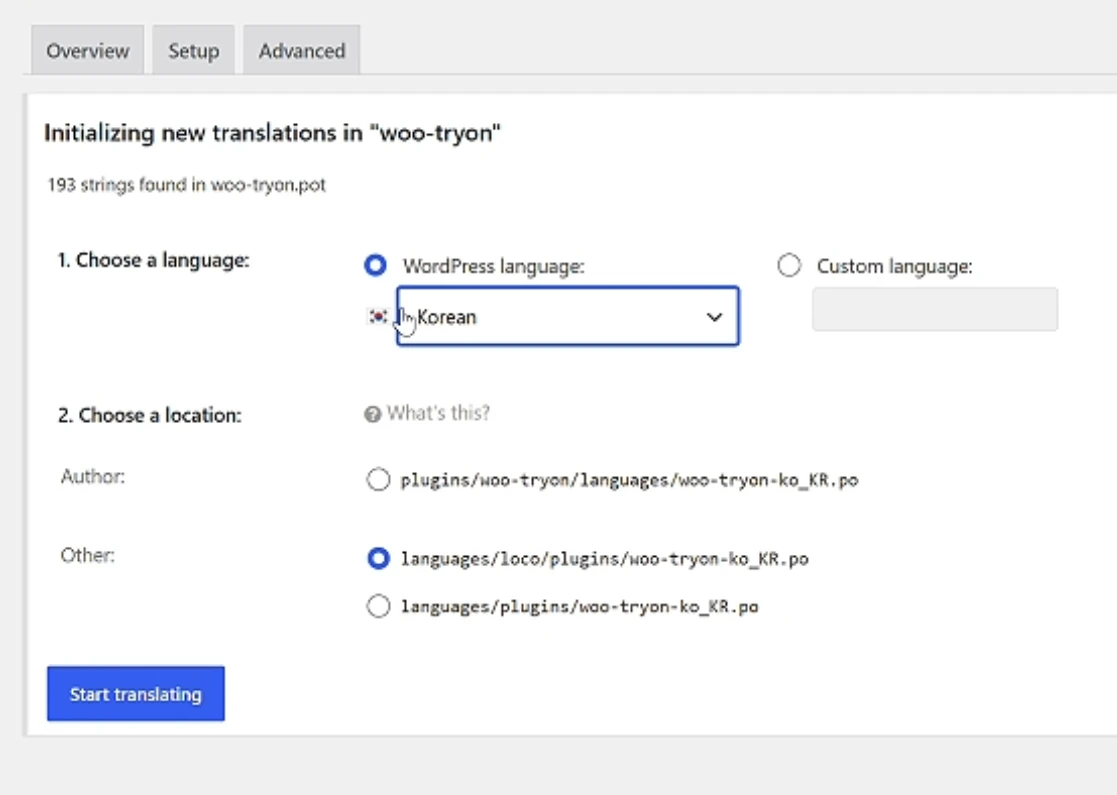 Create a Korean SeaTryon translation and choose the PO file location