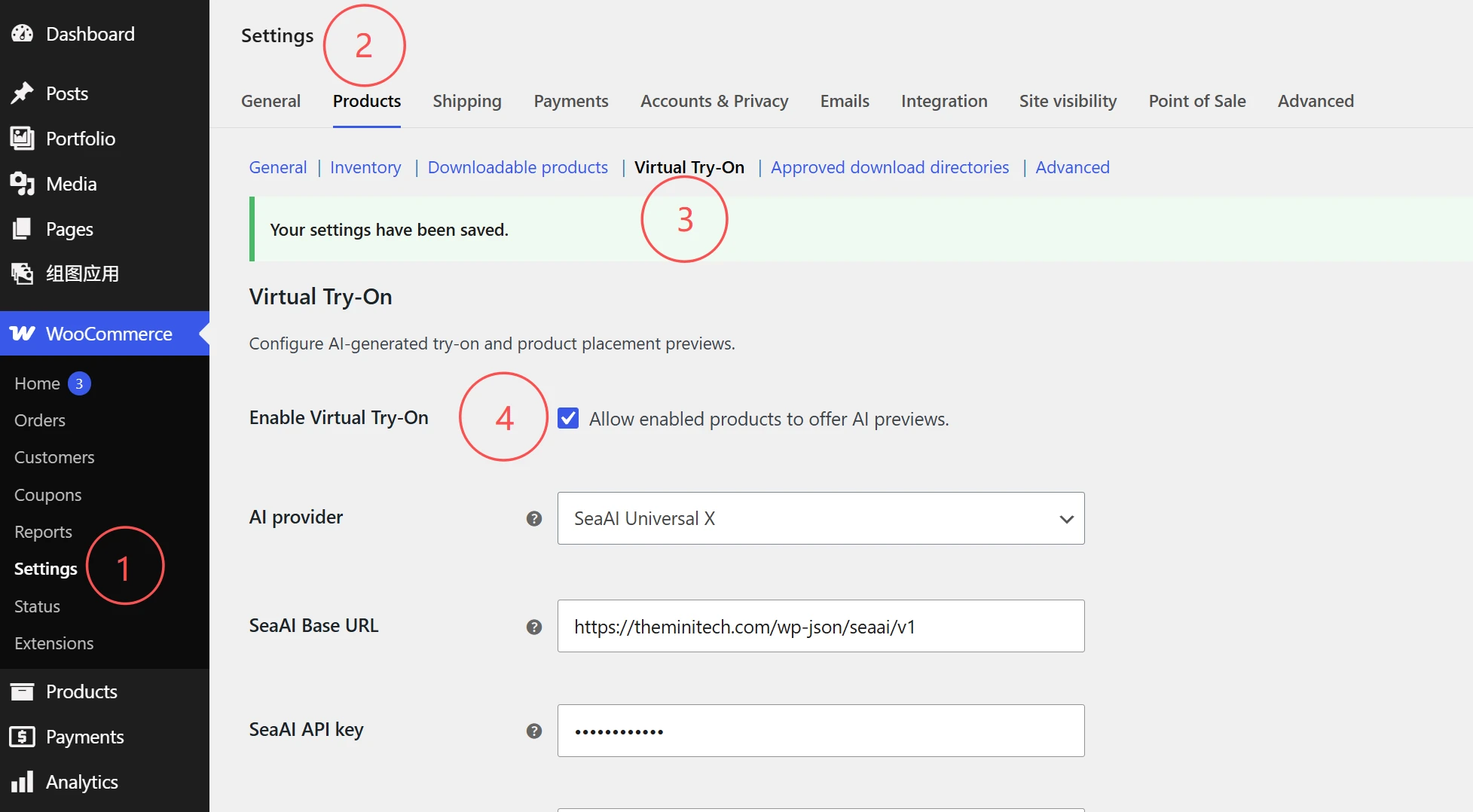 Enable Virtual Try-On in the SeaTryon WooCommerce settings