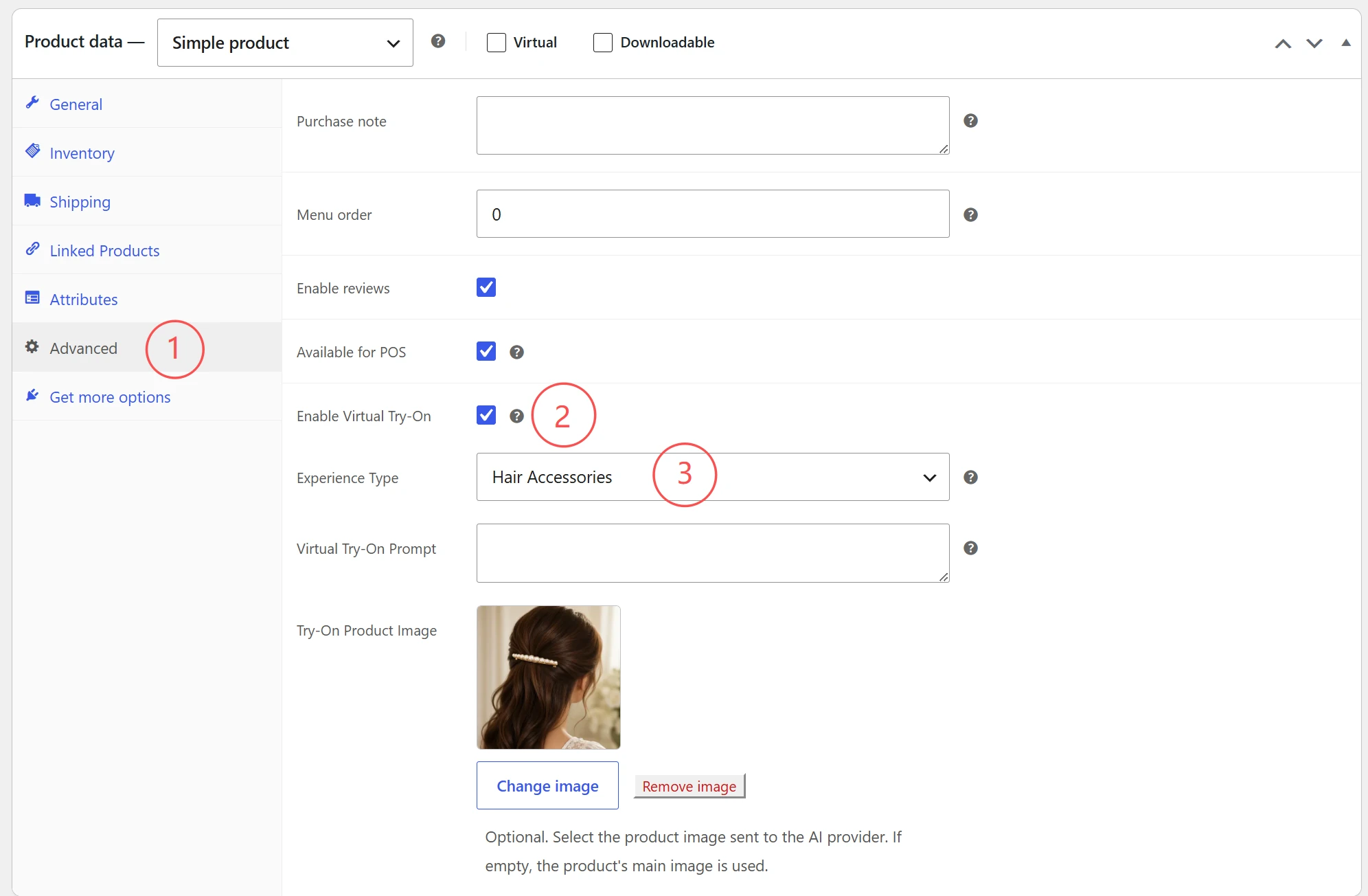 Enable Virtual Try-On and select an experience type in WooCommerce product settings