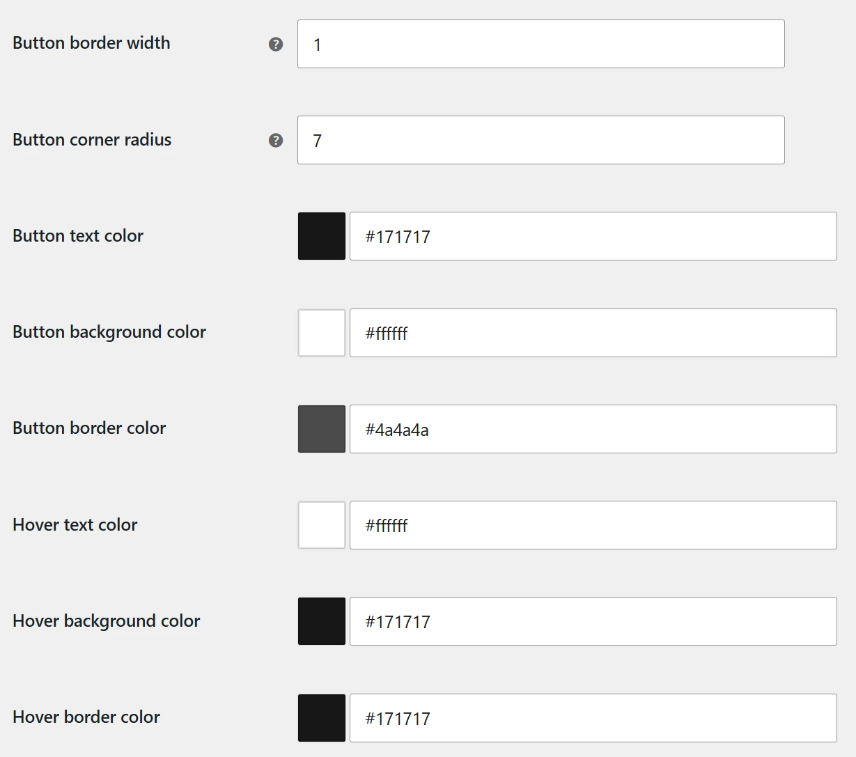 SeaTryon button border radius normal colors and hover colors settings