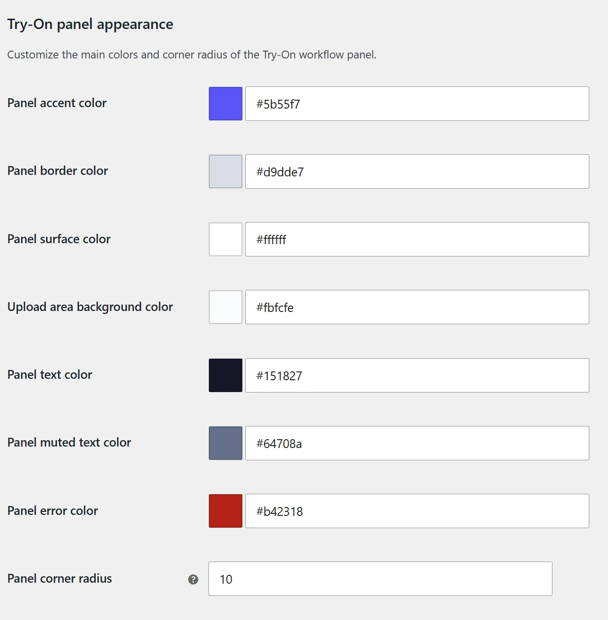 SeaTryon Try-On panel color and corner radius appearance settings