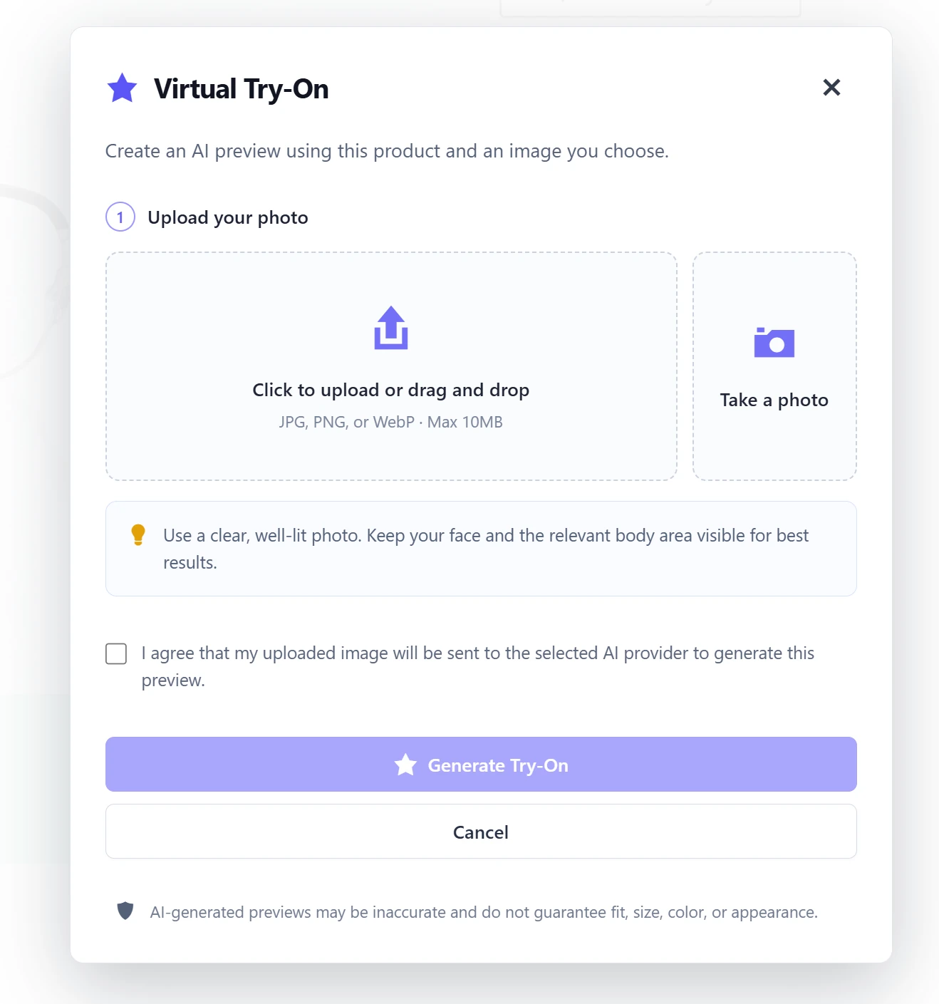 SeaTryon Virtual Try-On popup panel on a WooCommerce product page